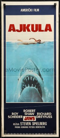 7t0249 JAWS Yugoslavian 14x32 1975 Spielberg's classic man-eating shark attacking swimmer, Ajkula!