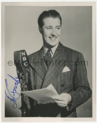 7w0890 DON AMECHE signed 8x10 REPRO still 1980s standing by NBC radio microphone with script in hand!