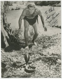 7w0953 JOCK MAHONEY signed 7.25x9.5 REPRO still 1980s facing down a cobra in Tarzan Goes to India!
