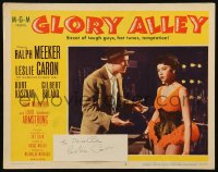 7w0273 LESLIE CARON signed 2x5 index card 1980s glued to a 1952 lobby card from Glory Alley!