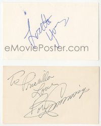 7w0268 LORETTA YOUNG/ROBERT CUMMINGS 2 signed 3x5 index cards 1963 & 1977 frame w/included book page!