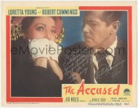 7w0082 ACCUSED signed LC #2 1949 by Robert Cummings, he's staring at scared Loretta Young!