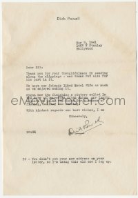 7w0583 DICK POWELL signed letter 1941 on his stationery to personal army friend during WWII!
