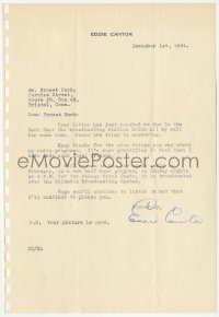 7w0585 EDDIE CANTOR signed letter 1934 apologizing for the delay in answering a fan!