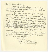 7w0586 HENRY WILCOXON signed letter 1970s apologizing for not answering letter, handwritten!