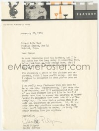 7w0587 JANET PILGRIM signed letter 1958 on Playboy stationery, apologizing for the delay!