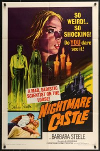 7w0187 NIGHTMARE CASTLE signed 1sh 1966 by Barbara Steele, mad sadistic scientist on the loose!