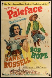 7w0189 PALEFACE signed 1sh 1948 by Jane Russell, great sexy image of her with two guns & Bob Hope!