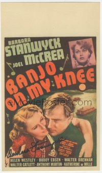7w0173 BANJO ON MY KNEE signed mini WC 1936 by Barbara Stanwyck, who loves sailor Joel McCrea, rare!