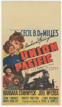 7w0179 UNION PACIFIC signed mini WC 1939 by Barbara Stanwyck, great image with Joel McCrea & train!