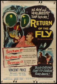 7x0254 RETURN OF THE FLY 40x60 1959 Vincent Price, insect monster art, more horrific than before!