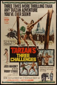 7x0257 TARZAN'S THREE CHALLENGES 40x60 1963 Edgar Rice Burroughs, artwork of bound Jock Mahoney!