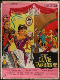 7x0378 IT'S THE PARIS LIFE linen French 1p 1954 wonderful Leve art of showgirls & musician!
