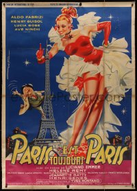 7x0397 PARIS IS ALWAYS PARIS linen French 1p 1952 sexy gigantic showgirl by Eiffel tower by De Seta!