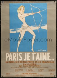 7x0398 PARIS JE T'AIME linen French 1p 1962 Touchagues art of sexy topless stripper with bow & arrow!