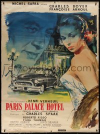 7x0400 PARIS PALACE HOTEL linen French 1p 1956 art of Charles Boyer & Francoise Arnoul by Geleng!
