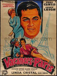 7x0402 PERFECT FURLOUGH linen French 1p 1959 art Tony Curtis, Janet Leigh & Eiffel Tower by Belinsky!
