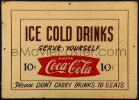 7x0066 COCA-COLA press board advertising sign 1950s please don't carry drink to seats!