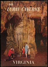 7x0007 LURAY CAVERNS 24x34 travel standee 1960s family in front of rock formation in huge cave!