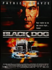 7y0794 BLACK DOG French 1p 1998 fiery action image of Patrick Swayze as truck driver w/big rigs!