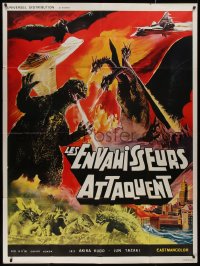7y0884 DESTROY ALL MONSTERS French 1p R1970s different art with Godzilla, Ghidorah, Rodan & more!