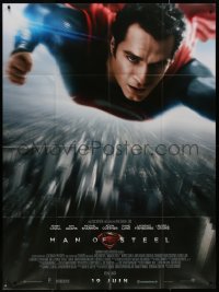 7y1087 MAN OF STEEL advance French 1p 2013 Henry Cavill in costume as Superman flying over city!