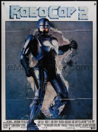 7y1188 ROBOCOP 2 French 1p 1990 full-length cyborg policeman Peter Weller crashing through wall!
