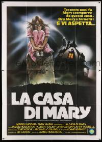 7y0482 SUPERSTITION Italian 2p 1982 art of ghoulish girl sitting on tombstone by creepy house!