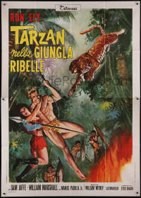 7y0484 TARZAN'S JUNGLE REBELLION Italian 2p 1971 art of Ron Ely swinging on vine with woman!