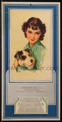 7y0113 JULES ERBIT 8x16 calendar 1940s Seasons Greetings, art of pretty woman with terrier dog!