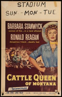 7y0216 CATTLE QUEEN OF MONTANA WC 1954 full-length cowgirl Barbara Stanwyck, Ronald Reagan