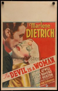 7y0233 DEVIL IS A WOMAN WC 1935 great colorful art of sexy Marlene Dietrich kissed by Cesar Romero!