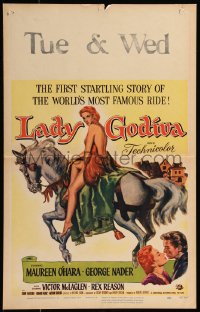 7y0270 LADY GODIVA WC 1955 great artwork of super sexy naked Maureen O'Hara on horseback!