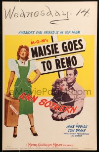 7y0281 MAISIE GOES TO RENO WC 1944 Ann Sothern holding suitcase & hugging John Hodiak, rare!