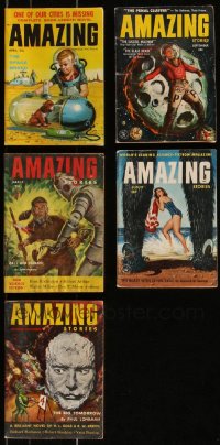 7z0576 LOT OF 5 AMAZING STORIES MAGAZINES 1953-1958 filled with great sci-fi images & articles!