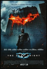 8a0817 DARK KNIGHT int'l advance DS 1sh 2008 Christian Bale as Batman in front of burning bat symbol!