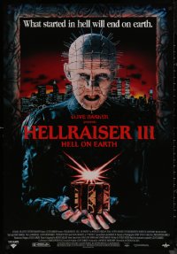 8a0134 HELLRAISER III: HELL ON EARTH 27x39 video poster 1992 Clive Barker, Pinhead holding cube!