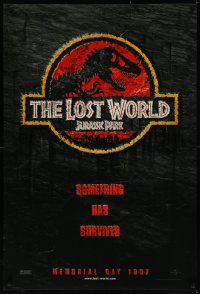 8a0948 JURASSIC PARK 2 teaser DS 1sh 1997 Spielberg, classic logo with T-Rex over red background!