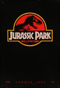 8a0947 JURASSIC PARK teaser 1sh 1993 Steven Spielberg, classic logo with T-Rex over red background