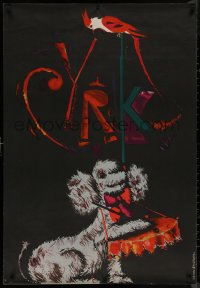 8a0116 CYRK Polish 27x38 1970s incredible artwork of dog & cockatiel by Lilian Baczewska!