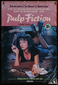8a1052 PULP FICTION recalled advance 1sh 1994 Quentin Tarantino, Uma Thurman smoking Lucky Strikes!