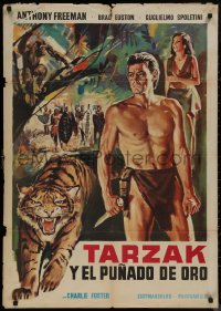 8a0279 PER UNA MANCIATA D'ORO South American 1965 cool artwork of Tarzan w/knife, angry tiger!