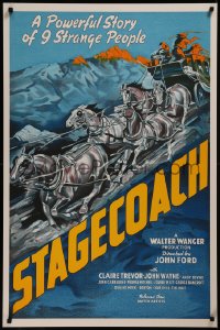 8a0083 STAGECOACH S2 poster 2000 John Ford, John Wayne, artwork of rushing stagecoach and horses!