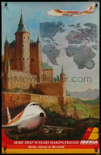 8a0166 IBERIA AIRLINES 24x37 travel poster 1977 art of a castle and a world map with flights!