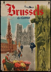 8a0168 PAN AMERICAN AIRWAYS BRUSSELS 26x36 travel poster 1951 art of street & cathedrals!