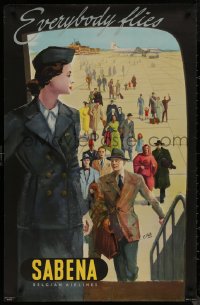 8a0170 SABENA BELGIAN AIRLINES 26x39 Belgian travel poster 1950 travelers boarding plane by C. Pub!