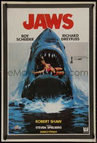 8a0275 JAWS Turkish 1981 best different art of classic man-eating shark with sexy girl in mouth!