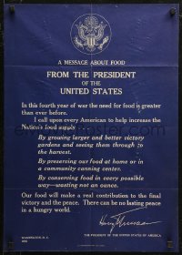8a0125 MESSAGE ABOUT FOOD 18x26 WWII war poster 1945 from the President of the United States!