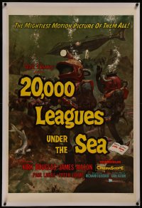 8b0001 20,000 LEAGUES UNDER THE SEA linen style A 1sh 1955 Jules Verne, cool art of deep sea divers!