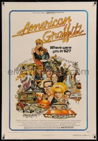 8b0009 AMERICAN GRAFFITI linen 1sh 1973 George Lucas teen classic, Mort Drucker montage art of cast!